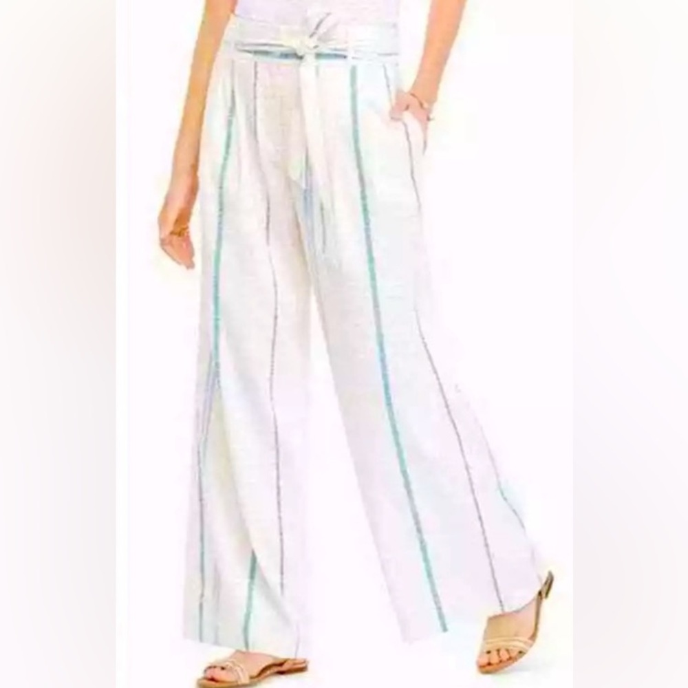 Ann Taylor Wide Leg Linen Pants White with Stripes Tie Waist High Rise 0 Petite